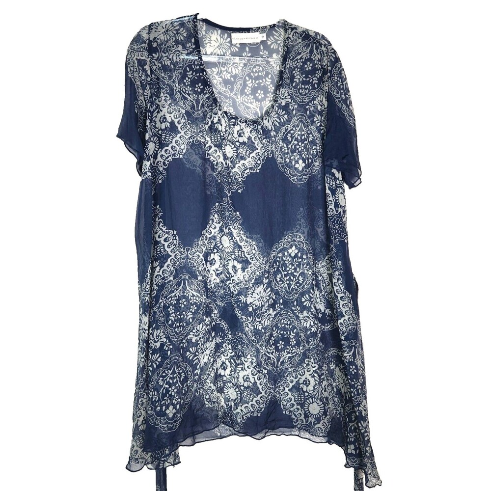 Johnny Was 4LoveAndLiberty Women's Sheer Boho Blue Dress Tie Waist 100% Silk S
